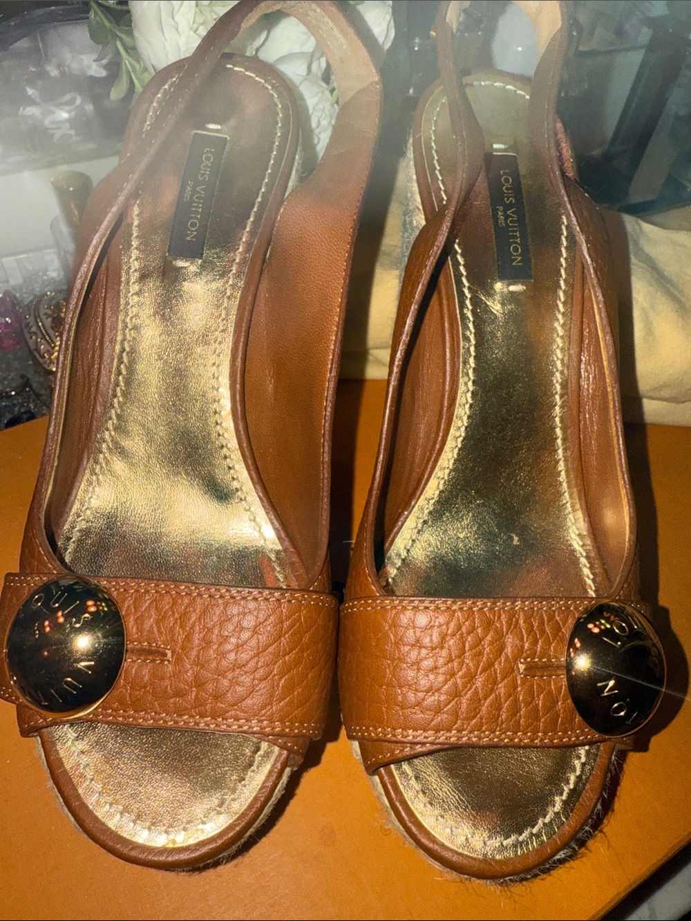 Louis Vuitton Cognac Leather Open-Toe Slingback Mules with Gold Accents